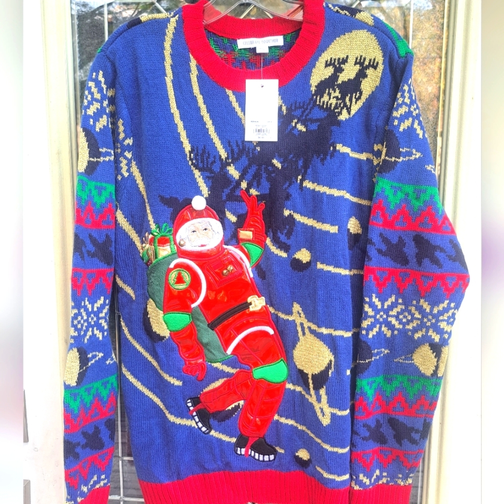 Kohl's Celebrate Together  Blue and Red Santa Ugly Crewneck Sweater Size M New